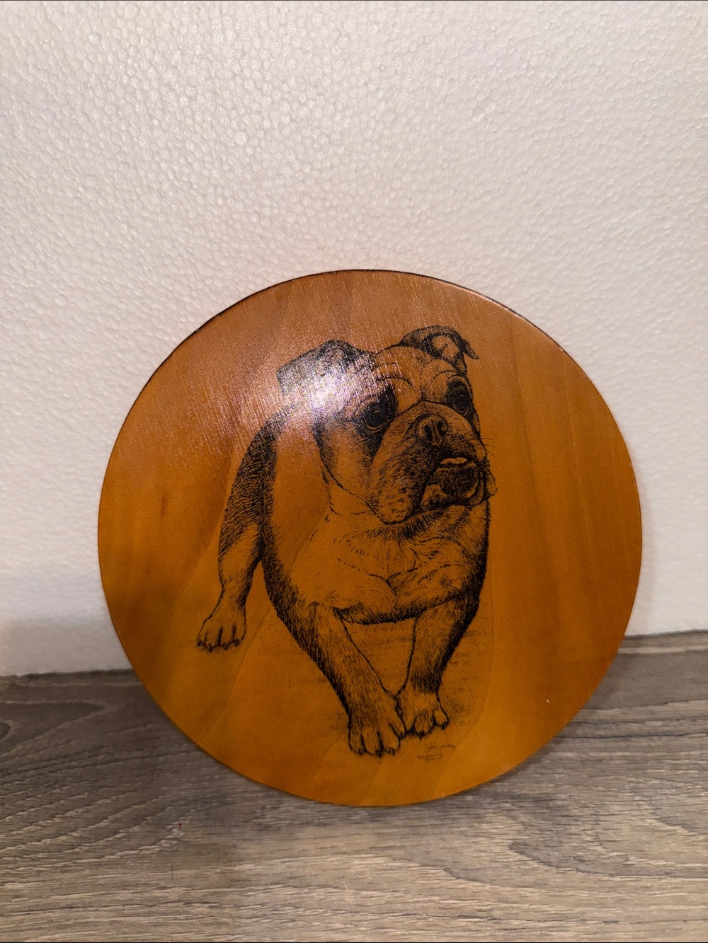 Vintage Barrel Art Bull Dog Artisan Wooden Plaque